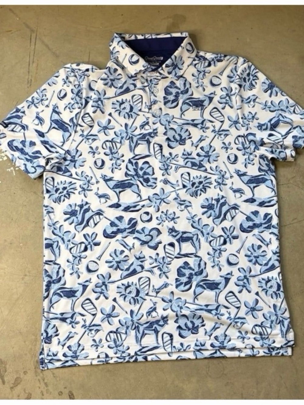 Men's Blue & White Golf Polo with Blue Floral Motif
